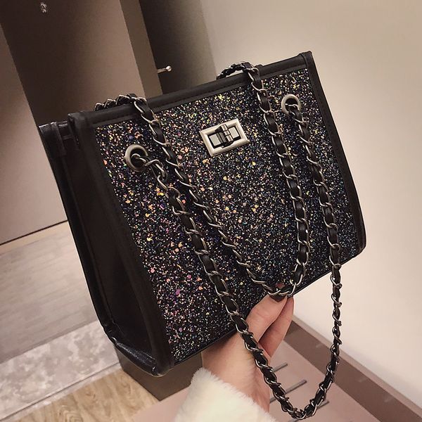 

elegant female sequin tote bag 2019 summer new quality pu leather women's handbag lock chain shoulder messenger bag