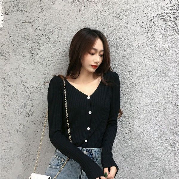 

women korean sweet color v-neck long-sleeved solid color sweater slim button knit cardigan autumn winter sweater, White