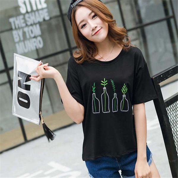 

t shirt womens designer clothes polyester new summer korean style women harajuku bottle plants kawaii embroidery tee shirt cute, White