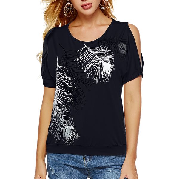 2019 Estate Donna T-shirt Camicette con stampa di piume O-collo Camicie senza spalline Spalle scoperte Top a maniche corte Tee Tipo sciolto Taglie forti