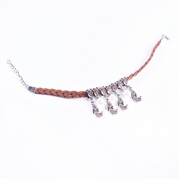 

vintage brown leather bracelet or anklet wrap with silver charm and pearls, Red;blue