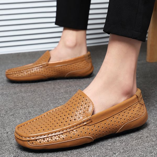 

new peas shoes size 38-47 leather men flats 2020 men casual shoes summer hollow out loafers moccasin driving, Black