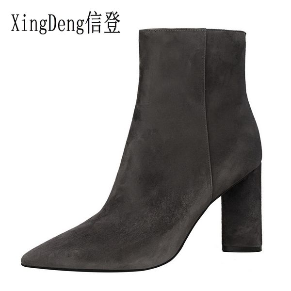 

xingdeng women flock pointed toe ankle ridding boots shoes spring lady party dress thick heels shoes motorcycle boots, Black