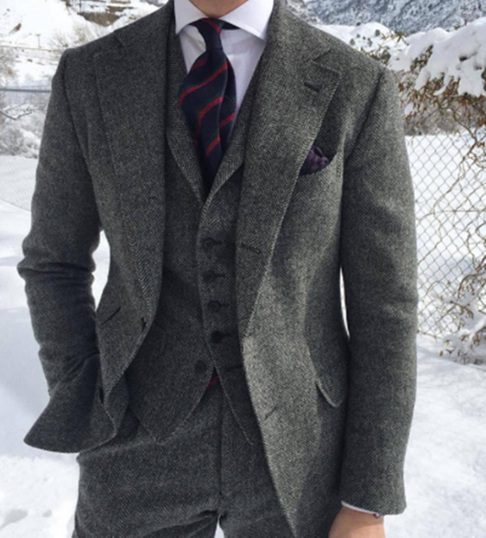 

new style mens suits 3 piece herringbone wool grey flat lapel formal business groom wedding tuxedo terno masculino, White;black