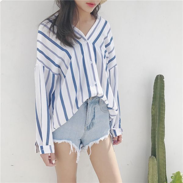 

2019 autumn women's new office lady style loose v-neck long-sleeve blue vertical striped print shirt female korean student shirt, White