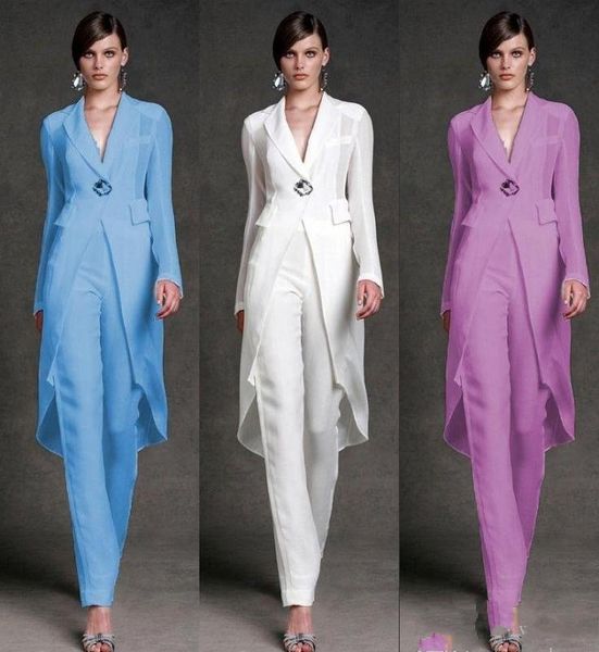 

modest chiffon mother of the bride dresses pants suits v-neck long sleeves formal evening gowns ankle length mother of the bride suits, Black;red