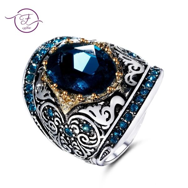 

серебряные ювелирные изделия кольца для мужчин женские кольца стерлингового серебра 925 пробы 10x14mm большой синий драгоценный камень кольц, Slivery;golden