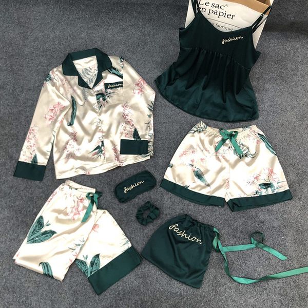 

women's silk satin floral print pajamas set 4 four piece set patchwork woman pajama suit spring autumn female strapless nightie, Blue;gray
