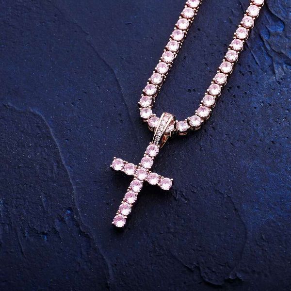 

iced out ankh cross pendant necklaces men women luxury designer mens pink bling diamond christian pendants tennis chain necklace jewelry, Silver