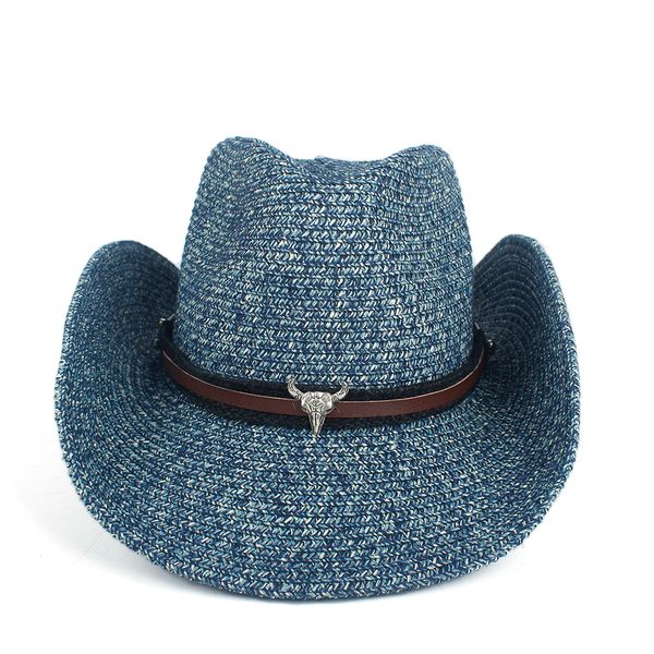 

2019 hollow western cowboy hat women men summer straw sombrero hombre beach cowgirl jazz sun hat size 57-59cm, Blue;gray