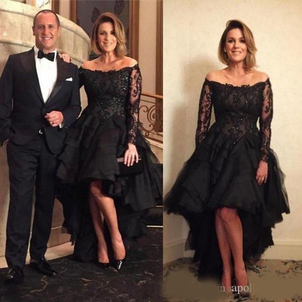 

2020 black mother of bride dresses off shoulder long sleeve high low lace appliqued wedding guest dresses evening gowns, Black;red