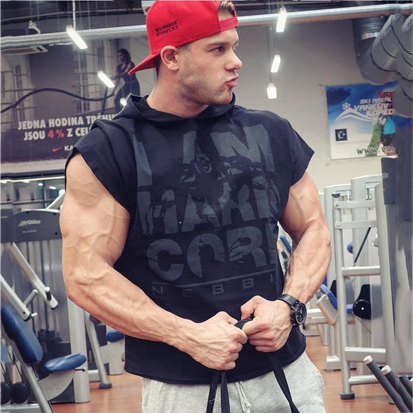 

sport man t-shirt running joggets men sweatshirt gym fitness bodybuilding sleeveless undershirt mens stringer singlets hooded, Black;blue