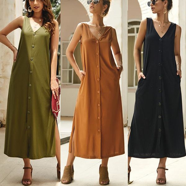 

2020 new women's sleeveless dress buttons casual swing t-shirt dresses soft home casual solid tank dress for women vestidos es, Black;gray