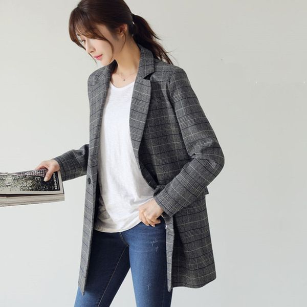 

women plaid blazers and jackets suit 2019 autumn long sleeve double-breasted work wear notched casual blazer jacket outerwear, White;black