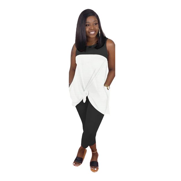 

sleeveless patchwork womens designer tracksuits summer o neck skinny long pants with long loose tshirts womens 2pcs, Gray