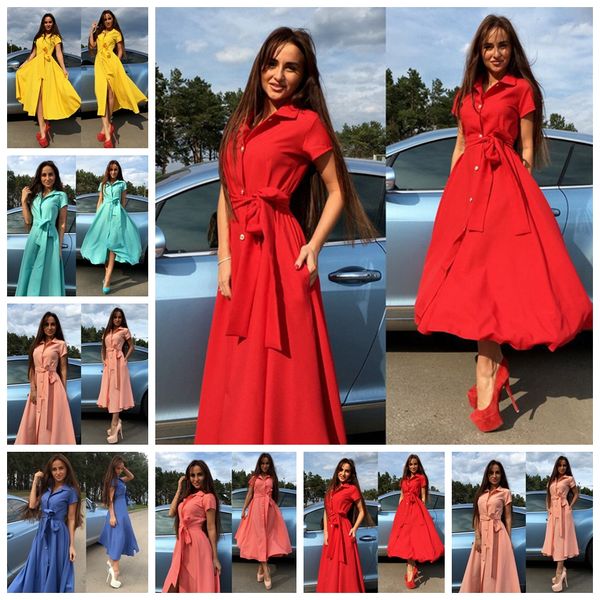 

european-style solid lapel short-sleeved waist belt single-breasted dresses pink, yellow, red, green, blue support mixed batch, Black;gray