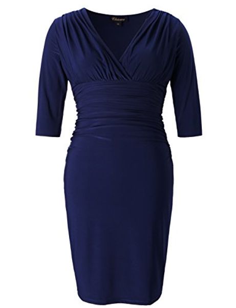 

chicwe women's plus size stretch ruched v neck solid party dress - knee length casual party cocktail dress, Black;gray