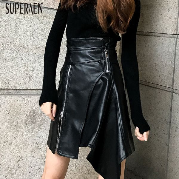 

superaen europe irregular zipper leather skirt women solid color wild casual ladies skrits spring new 2020 casual skirts female, Black