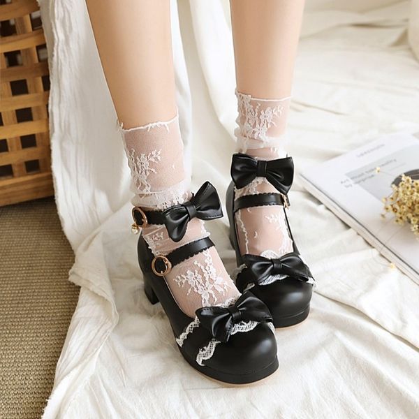 

us4-11 womens mary jane buckle lace belt bowknot bowtie block chunky high heel pumps shoes lolita retro sweet 3color plus size, Black