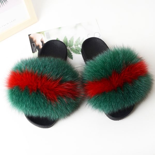 

wholesale price ladies comfortable fox fur slippers for women, Black