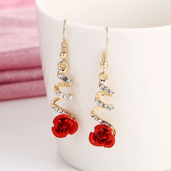 

E0373 Vintage Red Rose Flower Earrings For Women Exquisite Rhinestone Crystal Drop Earrings Statement Wedding Jewelry Wholesale