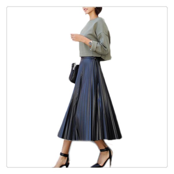 

sping and winter pu leather skirt new retro high waist thin black skirt bust pleated 2020 new style