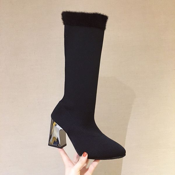 

size 35-50 nice women mid calf boots high heels winter autumn ins fashion shoes woman ladies 8cm sky heel elegant boot, Black