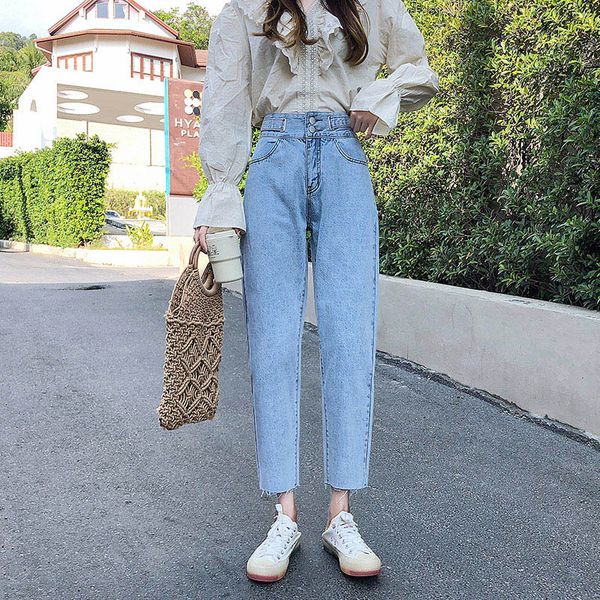 

women's jeans women fashion blue high waist korean style cropped denim pants boyfriend trousers streetwear harem