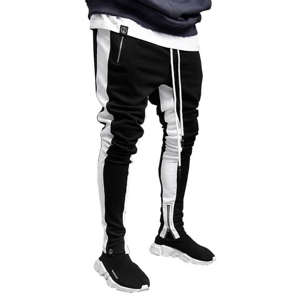 

fashion street men's zipper pencil pants elasticated belt casual sweatpants skinny sidestripe jogger sportpants, Black