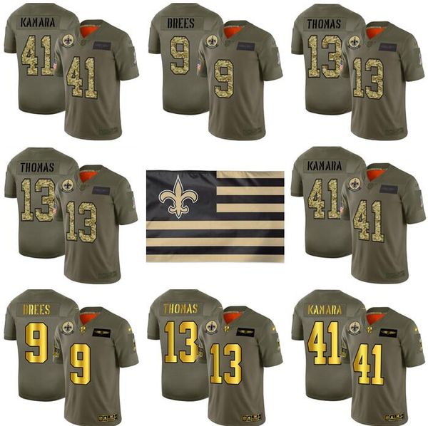 

men's new orleans saints #41 alvin kamara #13 michael thomas olive gold and grown 2019 salute to service limited football jerseys, Black;red
