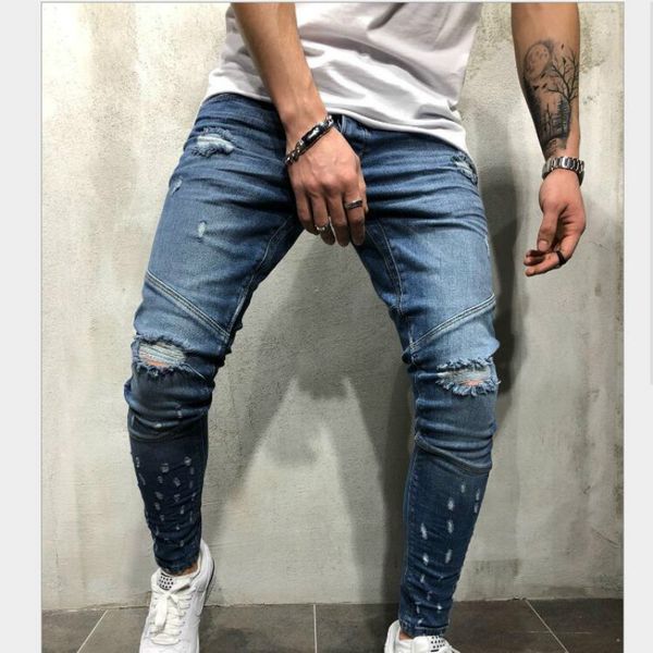 

2019 new washed and worn tight-fitting casual jeans fashion star flower folds men's pants, Black