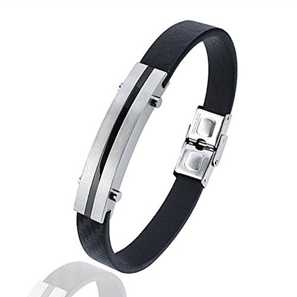 

hawson men and women leather bracelet black polished matched brushed silver stainless steel chain -jewelry accessories, White