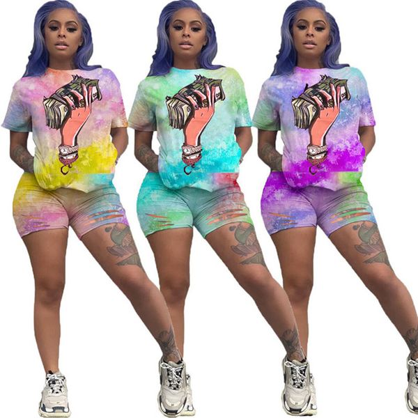 

summer women gradient sportswear tie dyed shorts two piece set short sleeve t-shirt shorts casual print tracksuit designer outfits 3197, Black;gray