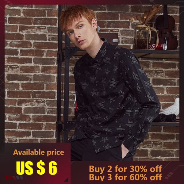

metersbonwe brand men new casual shirts 2019 spring autumn male slim stars printing long sleeve shirts regular cotton male, White;black