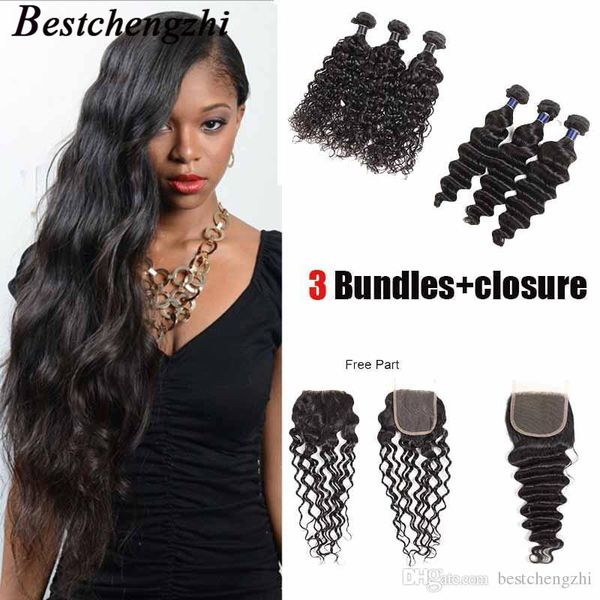 

8а класс virgin hair deep wave бразильская воды сыпучие волна волос пучки с закрытие малазийский remy волна воды волос с 4x4 lace closure, Black