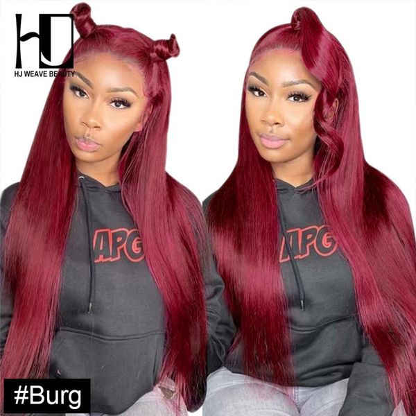

hj weave beauty colored human hair wigs straight 99j /burg/33/27 180% density 13*4 glueless lace front human hair wigs remy, Black;brown