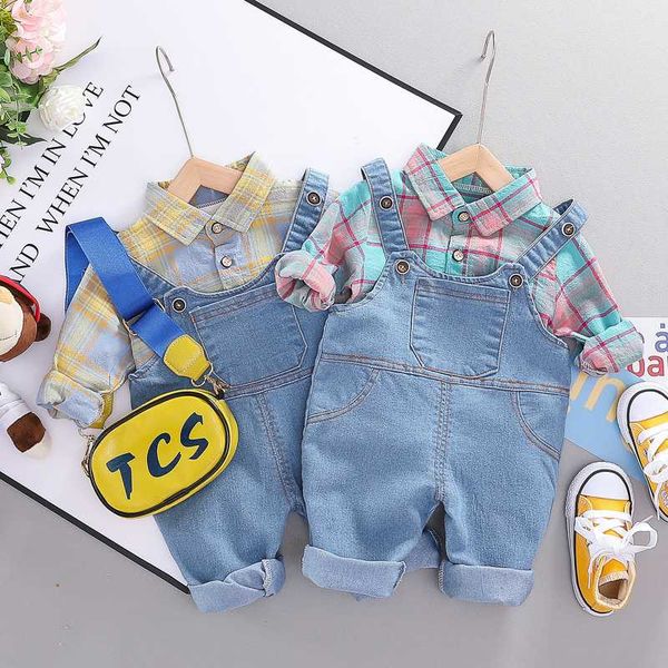 

hylkidhuose 2020 toddler infant clothing sets long sleeve plaid shirt bib jeans casual style girls baby boys vacation clothing, White