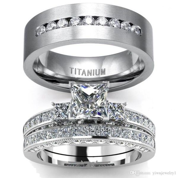 

new couple ring - he and her three stone princess cut 1ct diamond s925 sterling silver women's wedding ring titanium steel men's r