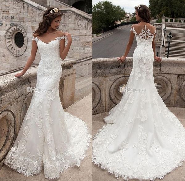 

2019 Vintage White Mermaid Wedding Dresses Full Length Scoop Neck Bridal Gowns Sexy Cap Sleeve Country Wedding Dress Sweep Train