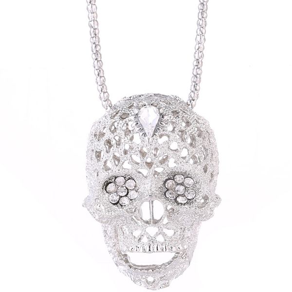 

fashion boutique studded with zircon shiny skull woman necklace wild retro long punk style sweater pendant banquet gift jewelry, Silver
