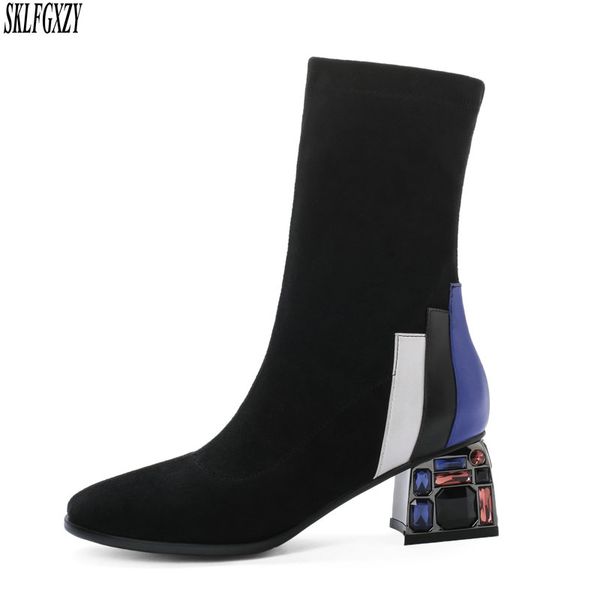 

new women shoes high heels slip ankle boots winter stretch socks boots elegant square high heels shoes female plus size 34- 43, Black