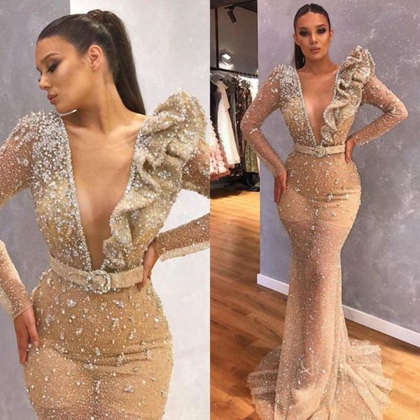 

see through mermaid prom dresses long sleeve deep v neck beaded illusion evening party gowns 2020 custom made formal dress, White;black
