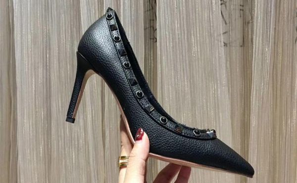 

5a 6502180 studs grainy calfskin leather pump 9.5cm heel shoes,nappa leather trims,size 34-42,dhl ing, Black