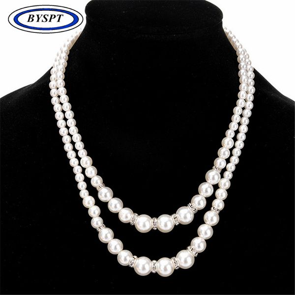 

byspt trendy multilayer simulated pearl necklaces for women wedding jewelry statement rhinestones beaded necklace for women gift, Silver