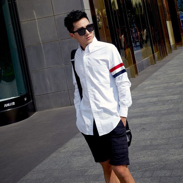 

tb color band armband decoration designer brand casual white blue loose long sleeve casual shirt men women t-shirt round hem, White;black