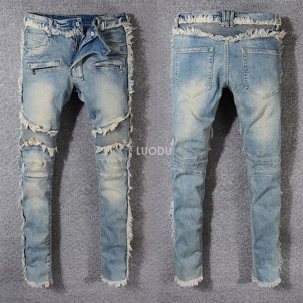 

New France Style #8818# Men's Distressed Ribbed Slim Pants Tassel Blue Biker Jeans Skinny Trousers Size 29-42