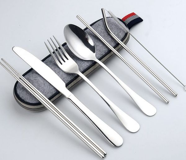 

2set portable flatware set reusable stainless steel fork, knife, spoon, chopsticks, juice straw and cleaning brush