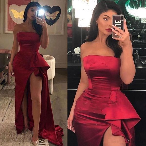 

sexy dark red без бретелек высокая низкая вечерние платья 2020 pleats баски оборками высокого бедро сплит пром коктейльное платье вечернее п, Black;red