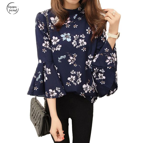 

цветочная летний шифон блузка женщина топы flare рукав дама офис корейской мода для женщин blusas chemise femme, White