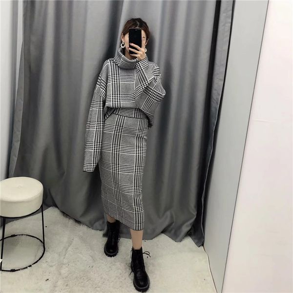 

2020 spring autumn wool knit two piece set women casual plaid turtleneck pullover sweater+elastic waist midi skirt suit female, White